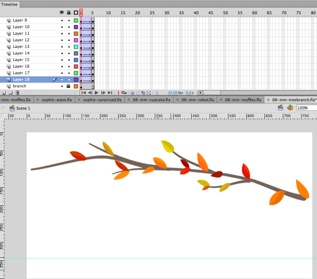 animating leaves falling from the branch (for scene 08 of Missing Mooncakes)